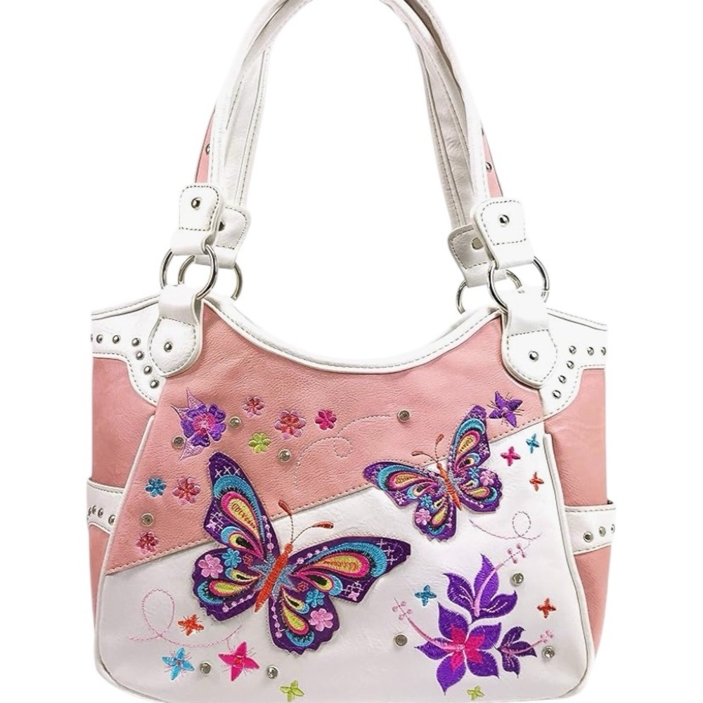 Zelris Butterfly Flower Pink White Embroidery Conceal Carry Tote Handbag Purse.